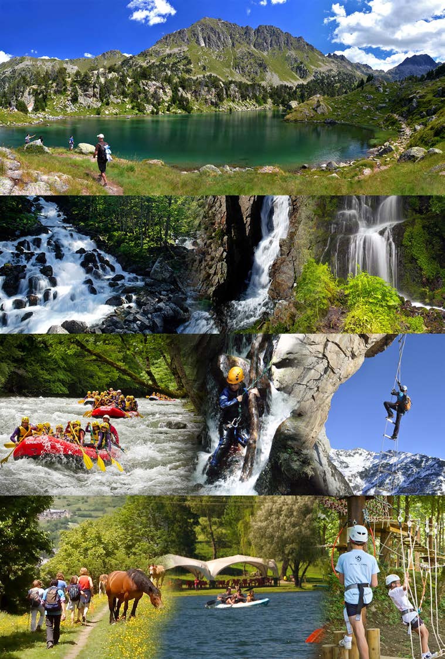 Collage de actividades de Camins: lagos de montaña, cascadas, rafting, barranquismo, vía ferrata, excursiones a caballo, kayak y parque de aventura